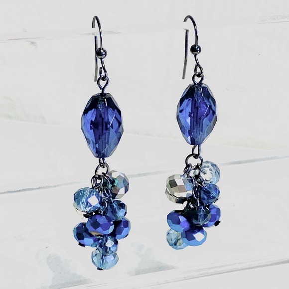 Anthropologie Jewelry - Metallic Blue Silver Faceted Bead Dangle Drop Earrings Pierced Hook